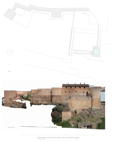 Planta y alzado del recinto de la Torre de los Pozos  del recinto amurallado de Cáceres
