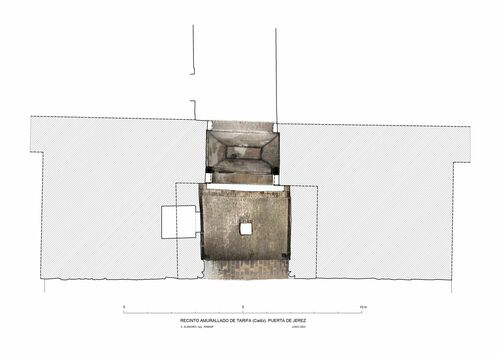 Planta de la puerta de Jerez del recinto amurallado de Tarifa con ortoimagenes