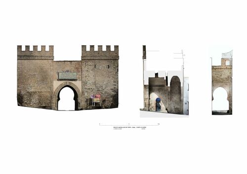 Alzados y sección de la puerta de Jerez del recinto amurallado de Tarifa con ortoimágenes