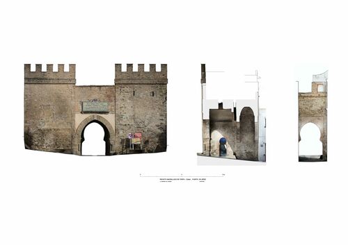 Alzados y sección de la puerta de Jerez del recinto amurallado de Tarifa con ortoimágenes