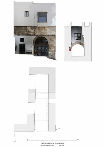 Planta alzado y sección de la puerta de Almedina de Tarifa con ortoimágenes