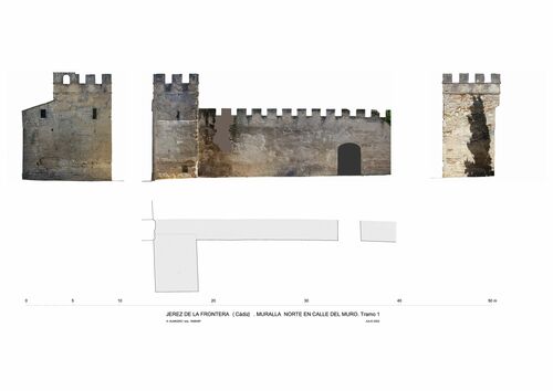 Planta y alzados de la muralla del recinto de Jerez en la calle del Muro 
