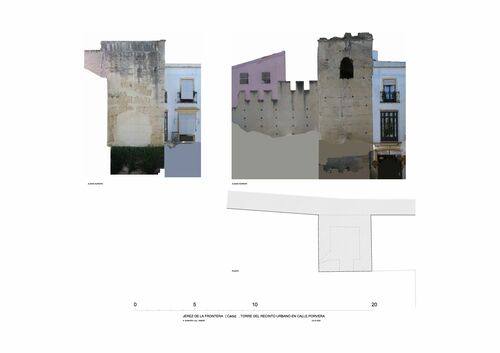 Planta y alzados de la torre del recinto de Jerez en la calle Porvera