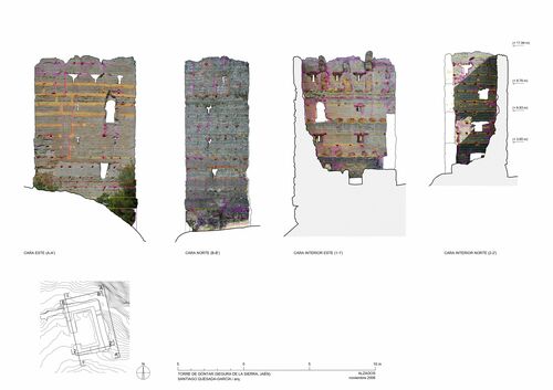 Alzados exteriores e interiores de la Torre de Góntar en Segura de la Sierra con ortoimágenes