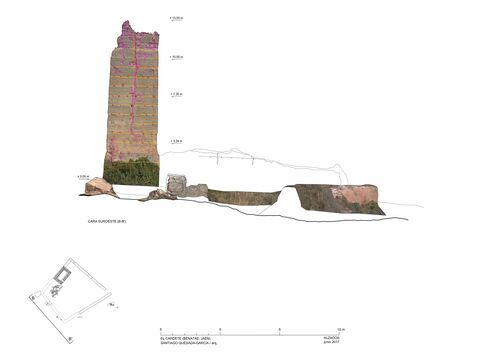 Alzado suroeste de la torre y recinto de El Cardete con ortoimagen