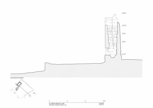 Sección y alzado interior hacia suroeste de la torre y recinto de El Cardete