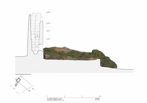 Sección y alzado interior hacia noreste de la torre y recinto de El Cardete