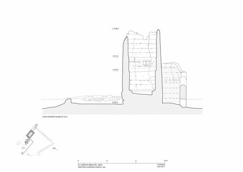 Sección y alzado interior hacia noroeste de la torre y recinto de El Cardete