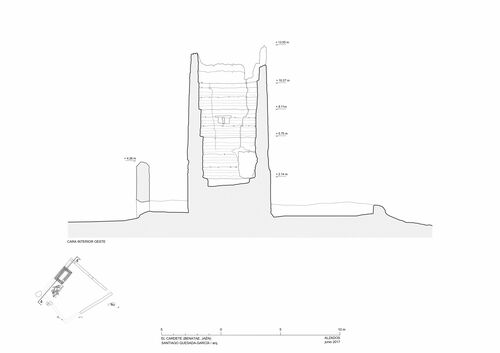 Sección y alzado interior hacia noreste de la torre y recinto de El cardete