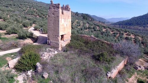 Vista aérea de la torre y el recinto de El Cardete desde el sur