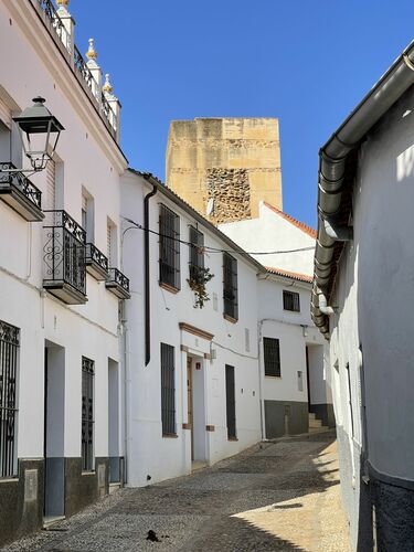 Cambio de textura que documenta en la actualidad el inteste de la muralla por el oeste en la torre de las Harinas de Zufre