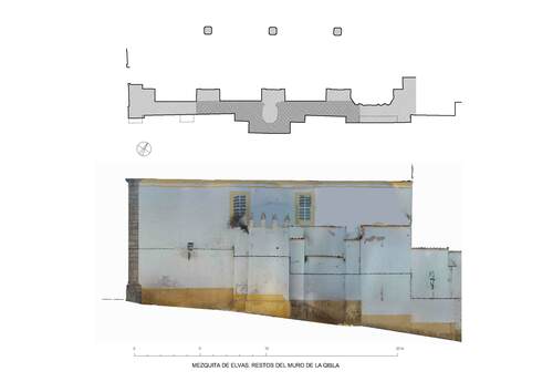 Planta y alzado de los restos del muro de la qibla de la mezquita de la alcazaba de Elvas