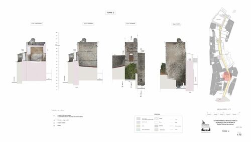 Alzados y secciones de la torre 2 de la segunda cerca islámica de Elvas, tramo de la antigua fábrica de Ameixas