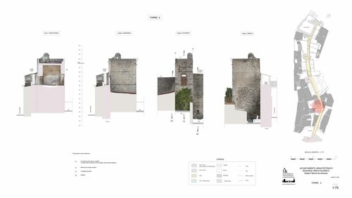 Alzados y secciones de la torre 4 de la segunda cerca islámica de Elvas, tramo de la antigua fábrica de Ameixas