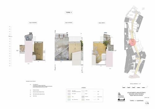 Alzados y secciones de la torre 3 de la segunda cerca islámica de Elvas, tramo de la antigua fábrica de Ameixas