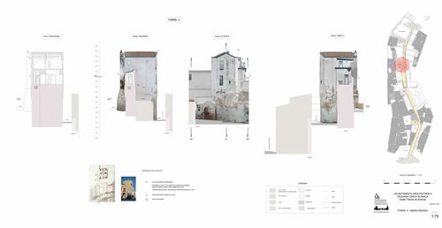 Alzados y secciones de la torre 4 de la segunda cerca islámica de Elvas, tramo de la antigua fábrica de Ameixas