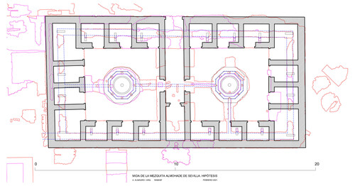 Planta hipotética de la mīḍāʾa de la aljama almohade de Sevilla