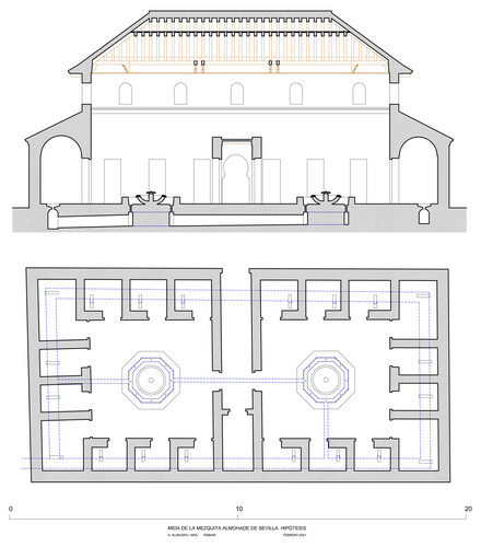 Sección hipotética con sala central cubierta de la mīḍāʾa de la aljama almohade de Sevilla