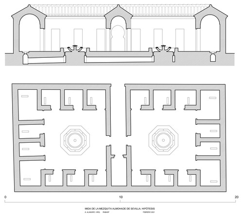 Sección hipotética con dos patios de la mīḍāʾa de la aljama almohade de Sevilla