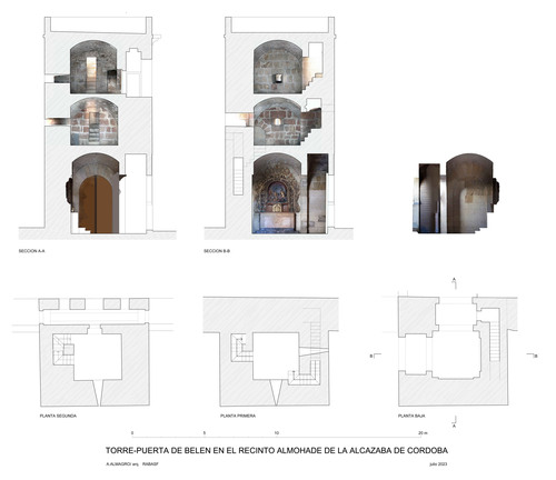 Plantas y secciones de la torre-puerta de Belén en el recinto almohade de la alcazaba de Córdoba con ortoimágnes