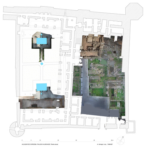 Planta actual del Alcázar de los Reyes Cristianos de Córdoba, recinto más antiguo del Alcázar con ortoimágenes