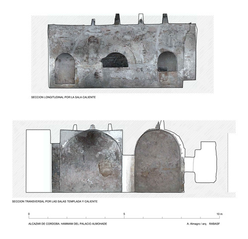 Secciones del hammam inmediato al palacio almohade del Alcázar de Córdoba con ortoimagenes
