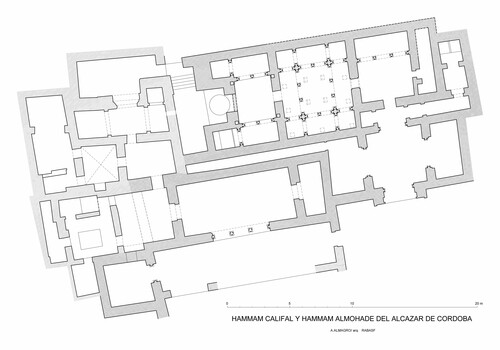 Planta del hammam almohade y del hammam califal del Alcázar de Córdoba en el Campo de los Mártires