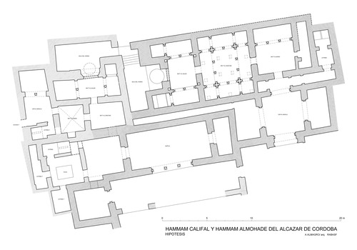 Planta hipotética del hammam almohade y del hammam califal del Alcázar de Córdoba en el Campo de los Mártires
