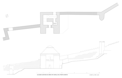 Planta y alzado de la muralla sureste de la alcazaba de Gibraltar con los probables restos almohades