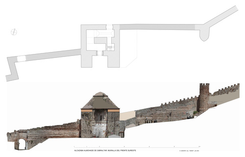 Planta y alzado de la muralla sureste de la alcazaba de Gibraltar con los probables restos almohades con ortoimagen