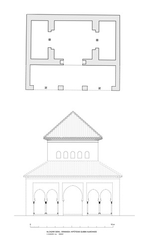 Planta y alzado hipotético de la primitivo pabellón-qubba del Alcázar Genil de Granada
