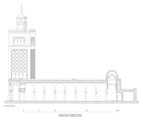 Sección longitudinal de la mezquita de la qasba de Túnez