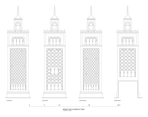 Alzados del alminar de la mezquita de la qasba de Túnez