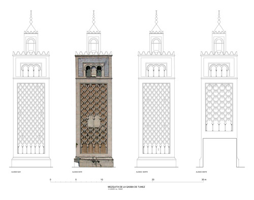 Alzados del alminar de la mezquita de la qasba de Túnez, con ortoimagen