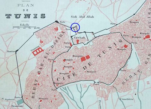 Plano de la ciudad de Tunez de 1877 con la ubicación de la puerta almohade de la Qasba