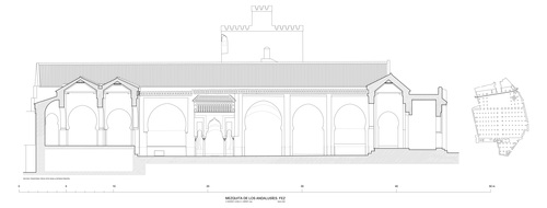 Sección transversal por el patio mirando hacia el norte de la mezquita de los Andalusíes de Fez