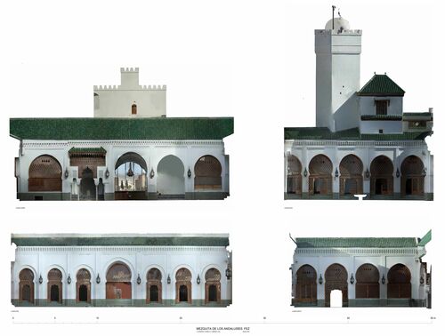 Alzados del patio de la mezquita de los Andalusíes de Fez con ortoimágenes