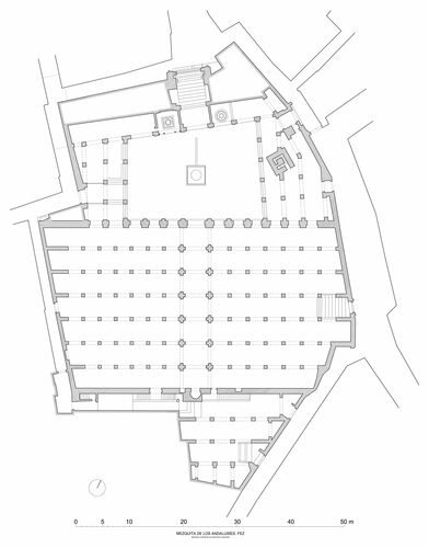 Planta general de la mezquita de los Andalusíes de Fez publicada por H. Terrasse en 1942