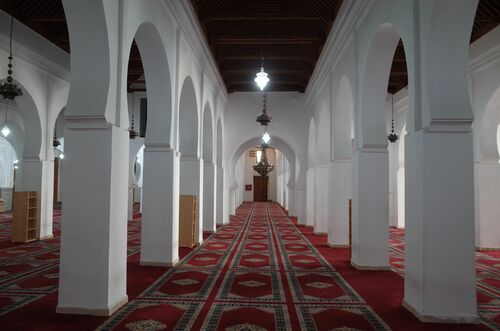 La nave central de la sala de oración de la mezquita de los Andalusíes de Fez desde el este