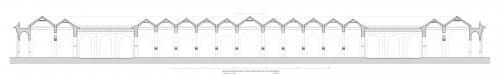 Seccion transversal hipotética por la sala de oración y los patios menores de la mezquita almohade de Rabat