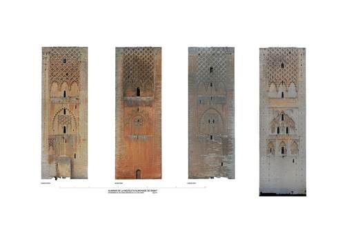 Alzados del alminar de la mezquita almohade de Rabat con ortoimágenes en 2011