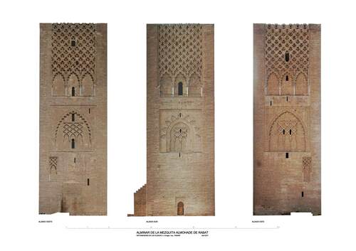 Alzados del alminar de la mezquita almohade de Rabat con ortoimágenes en 2017