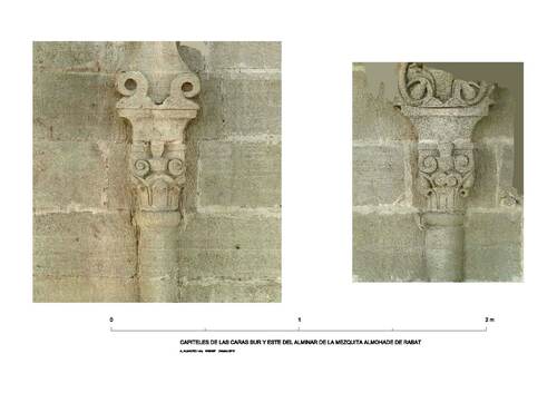 Detalle de capiteles almohades de las caras sur y este del alminar de la mezquita almohade de Rabat