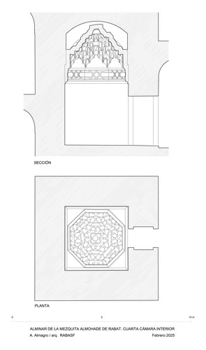 Sección y planta de la cuarta cámara del alminar de la mezquita almohade de Rabat