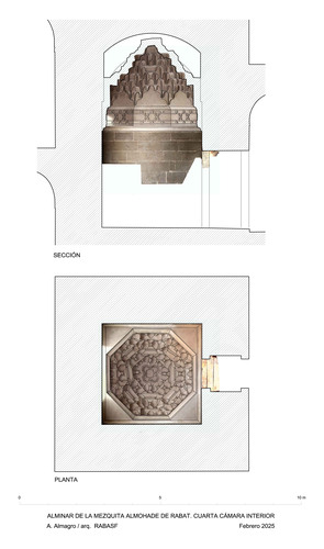 Sección y planta de la cuarta cámara del alminar de la mezquita almohade de Rabat con ortoimágenes