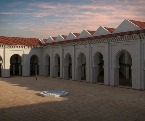 Reconstrucción virtual del patio principal de la mezquita almohade de Rabat visto desde el noroeste