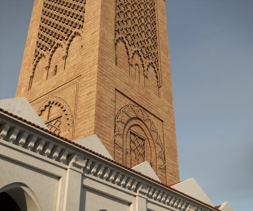  Vista de la base del alminar de la mezquita almohade de Rabat en una reconstrucción virtual