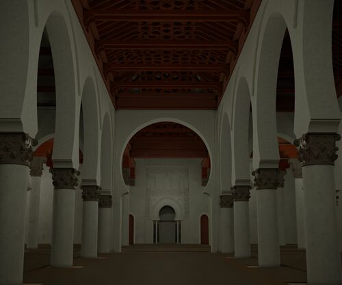  Vista de la nave central y el mihrab de la mezquita almohade de Rabat en una reconstrucción virtual