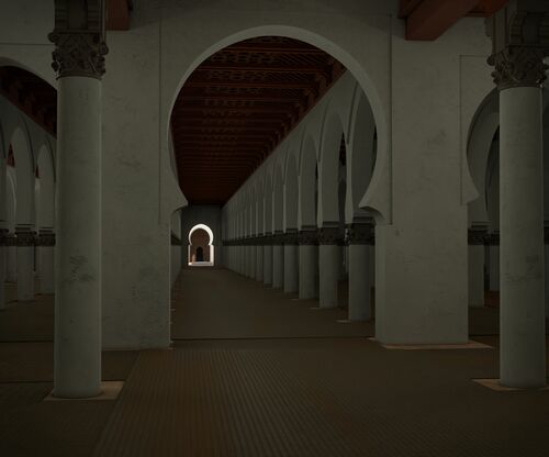  Vista virtual de la sala de oración de la mezquita almohade de Rabat desde el mihrab