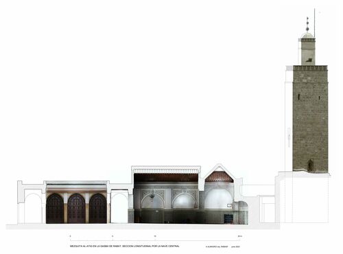 Sección longitudinal de la mezquita de la qasba de Rabat con ortoimágenes